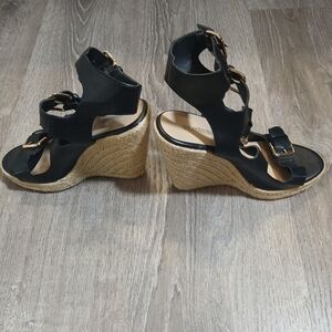 Shoe Dazzle Black Wedge Sandals with Gold Accents Size 8.5